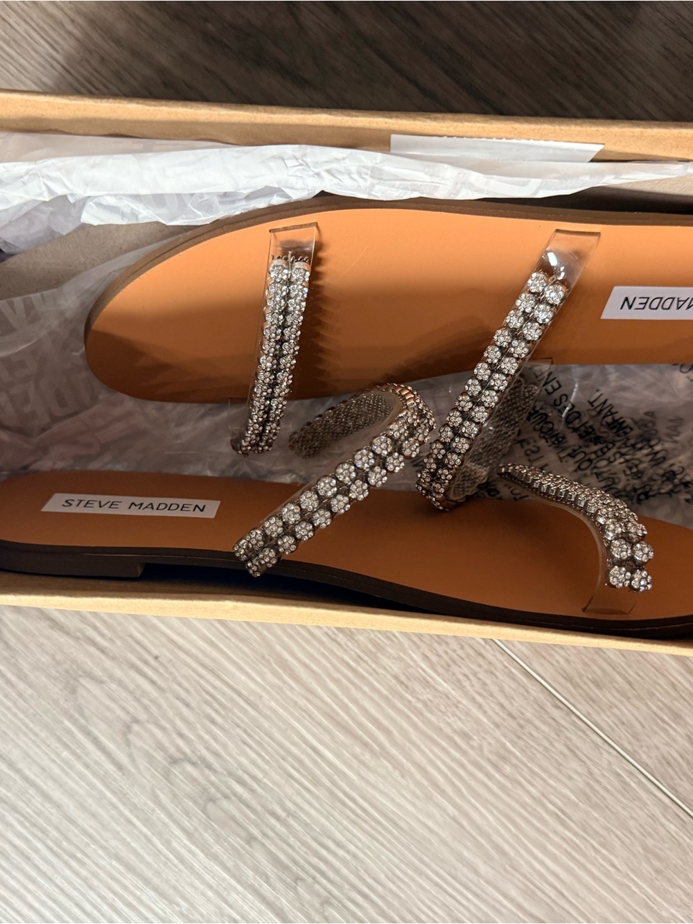 Steve Madden Tan Slide Sandals with Rhinestone Straps - Picture 7 of 7